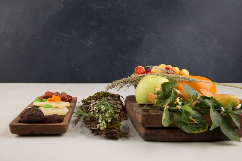 4 berries-fruit-mix-herbs-wooden-platter-isolated-white-space